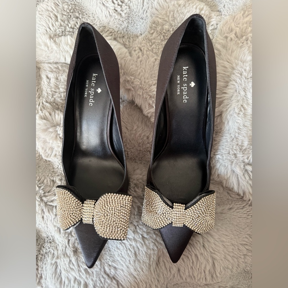kate spade Black Satin Pointed Toe Heels with Crystal Bow Accent